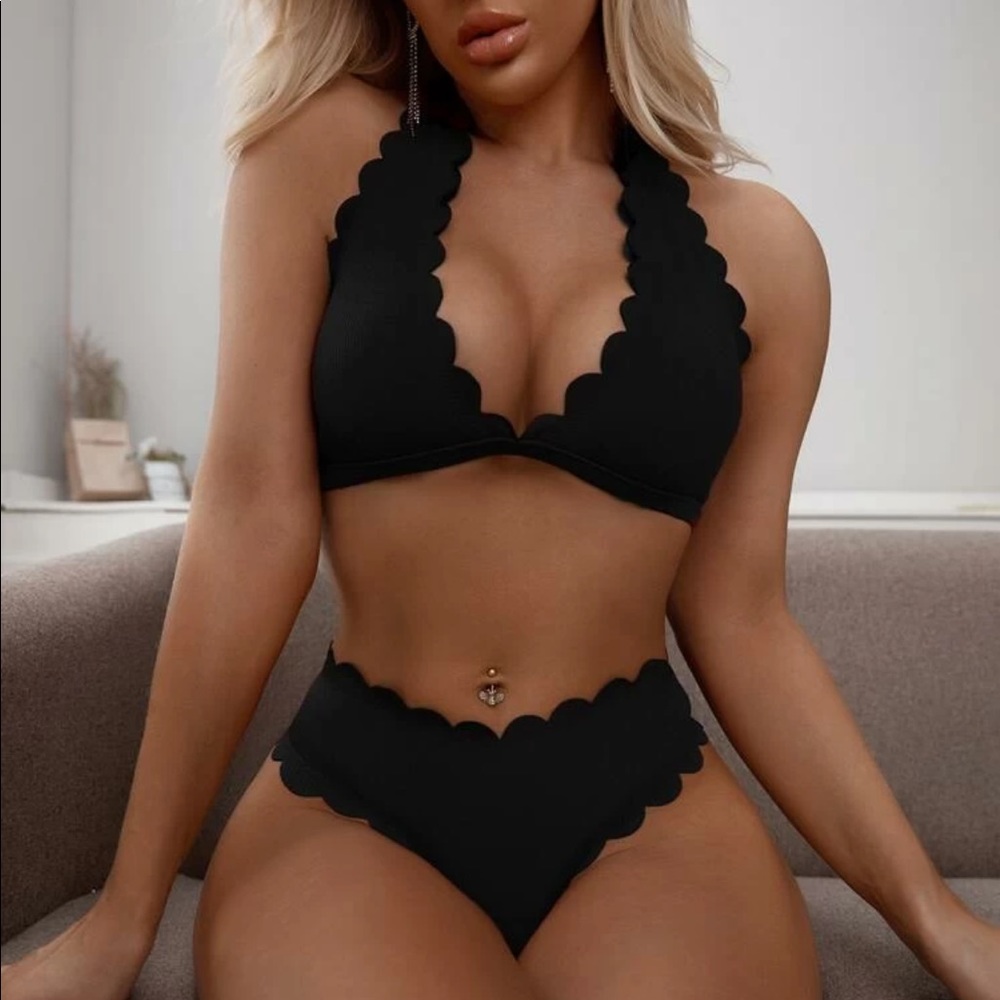 Black Scallop Trim Halter Bikini